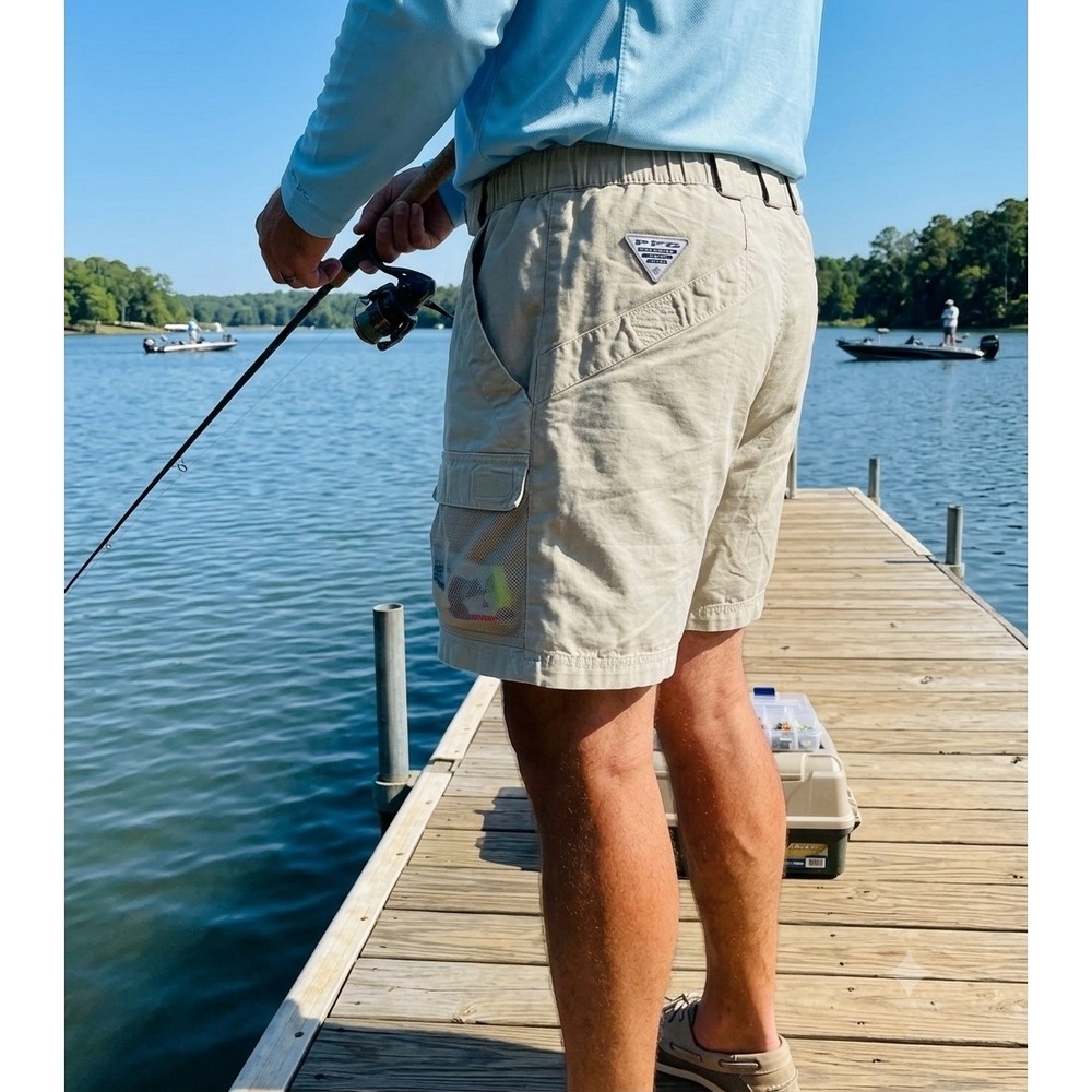 Columbia PFG Mens Khaki Fishing Shorts Cargo Mesh Pockets 6 Inch Inseam Tan